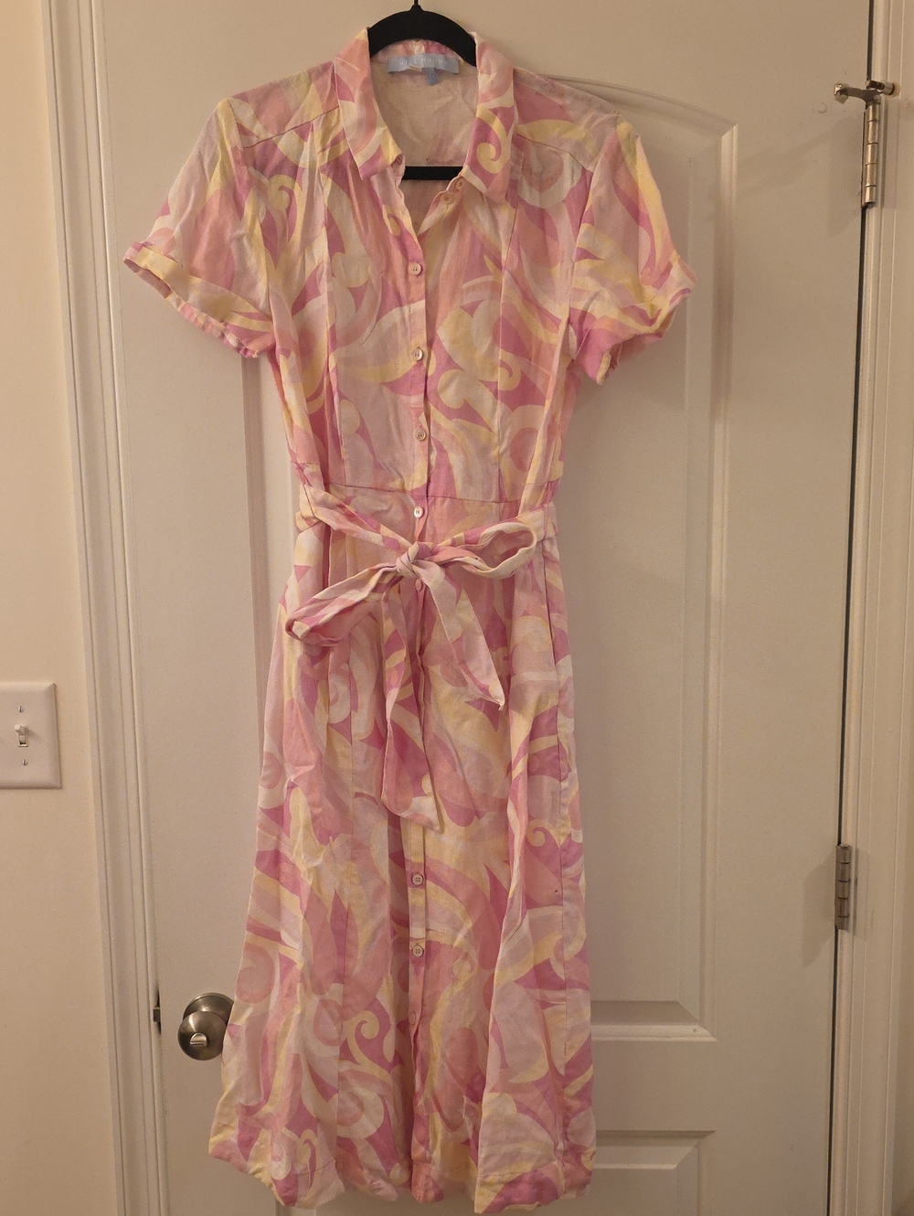Hill House Pink & Cream Swirl Button-Front Midi Dress with Tie Waist
